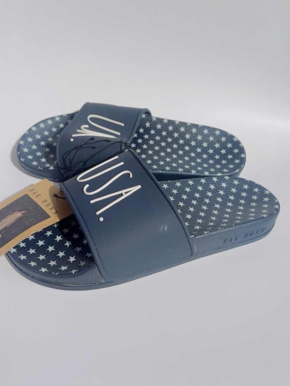 Rae Dunn Womens  Sandals Slides "USA" Navy  Blue White Stars Size 7 Brand New - Picture 4 of 7